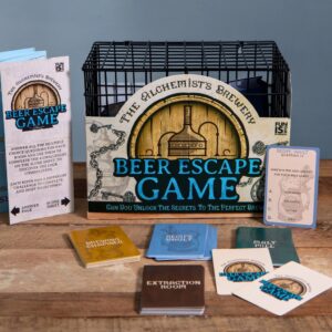 The Alchemist's Brewery Beer Escape Room Game set, featuring a black wire cage designed to hold beer bottles, a detailed game board, and various clue and challenge cards. Ideal novelty gift and home puzzle game for beer enthusiasts.