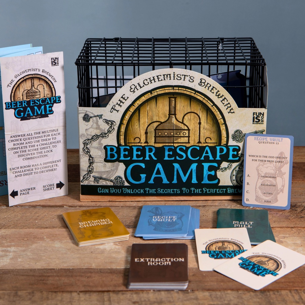 The Alchemist's Brewery Beer Escape Room Game set, featuring a black wire cage designed to hold beer bottles, a detailed game board, and various clue and challenge cards. Ideal novelty gift and home puzzle game for beer enthusiasts.