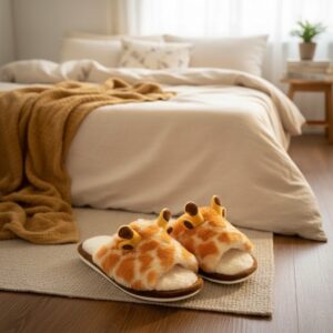 Pair of fuzzy, brown and white spotted giraffe slippers with 3D horns and ears, sitting on a natural fibre rug next to a bed with a warm yellow blanket. Ideal cozy, novelty house shoe gift.