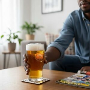 A black man's hand reaches for a pint glass of beer with a small, embedded basketball on the side, resting on a wooden coffee table in a modern living room.