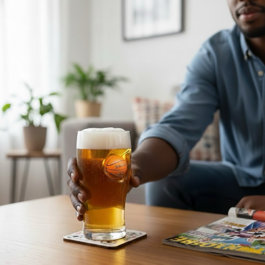A black man's hand reaches for a pint glass of beer with a small, embedded basketball on the side, resting on a wooden coffee table in a modern living room.