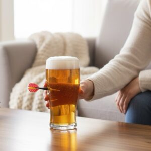 A person holding a 570ml pint glass filled with beer, which has a real dart embedded into the side, sitting in a comfortable living room setting.