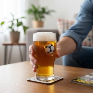 A close-up shot of a hand holding a beer glass filled with light amber beer and foam, featuring a small, raised 3D football (soccer ball) embedded in the side of the glass. The glass is resting on a square coaster with a football pattern on a light wooden coffee table. The person is wearing a denim shirt, and a blurred living room background with plants and a sofa is visible.