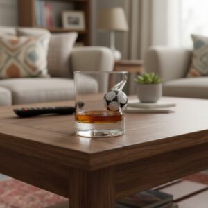 A whisky tumbler containing a small amount of amber liquid, featuring a glass sculpture of a football (soccer ball) embedded in the side. The glass is resting on a wooden coffee table in a living room, with a TV remote and sofa in the blurred background. Ideal unique gift for a football (soccer) fan and whisky drinker.