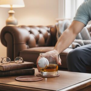A man sitting on a brown leather sofa reaching for a personalized whisky tumbler that contains amber liquid and a glass sculpture of a golf ball embedded in the base. The glass is sitting on a wooden coffee table next to stacked books and leather coasters. Ideal unique gift for a golfer and whisky drinker.