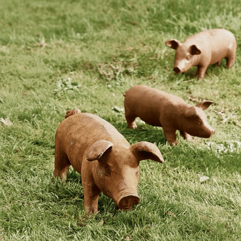 Three rustic, rusty-brown decorative pig figurines standing on a lawn of green grass. In the left background, there is a section of a dark metal fence and a wooden fence post. The pig in the foreground is facing forward.