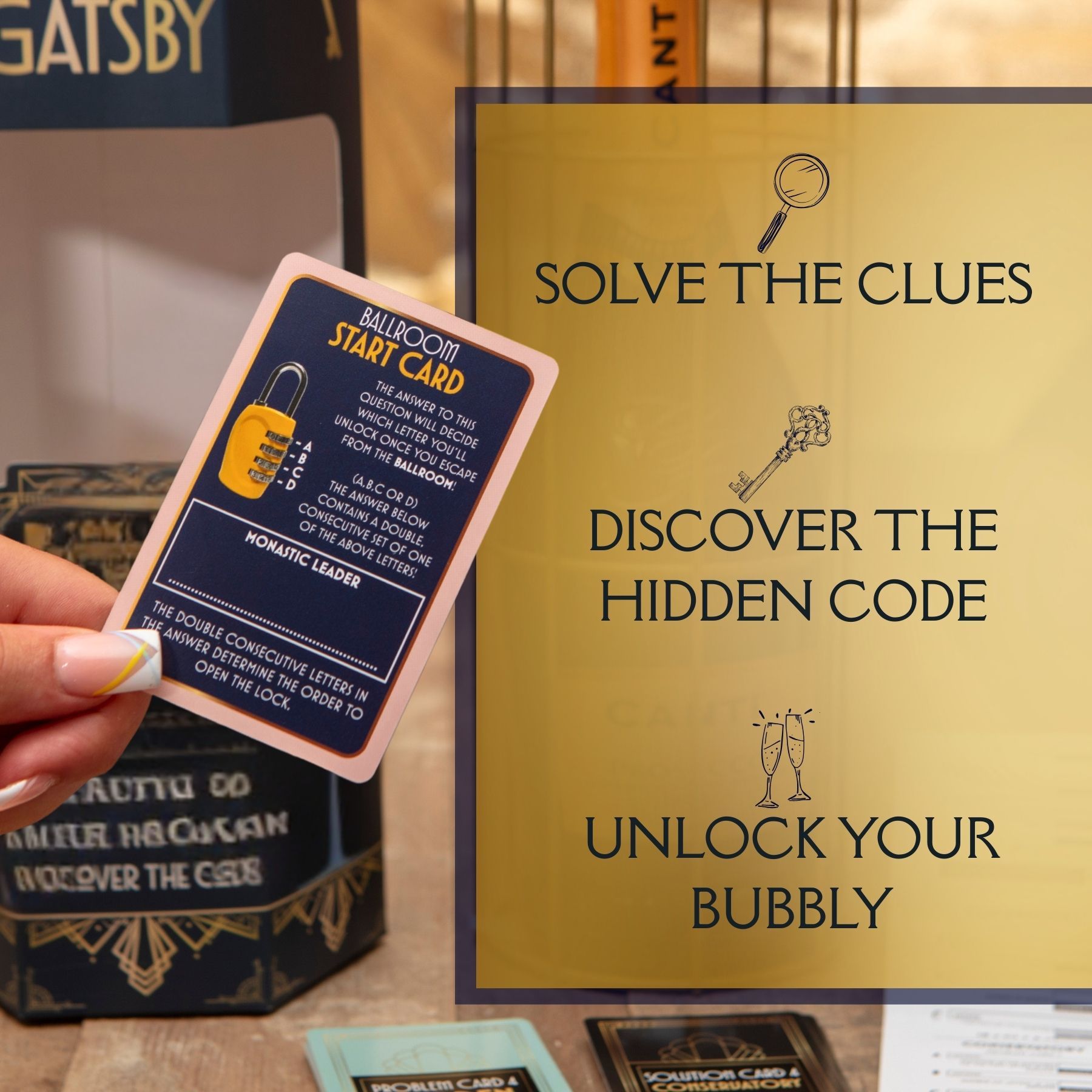 The Great Gatsby Champagne Escape Room Game - close-up detail