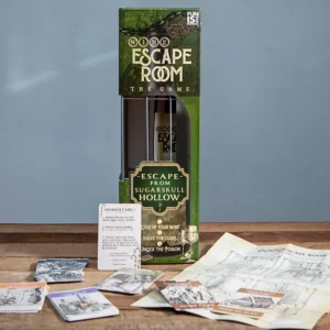 A wine escape room game setup on a wooden surface, featuring a green metal wine cage containing a bottle of wine, surrounded by a score sheet, various escape room playing cards, and a set of instructions.