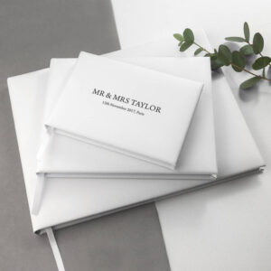 Engraved White Leather Wedding Guest Book - main product image