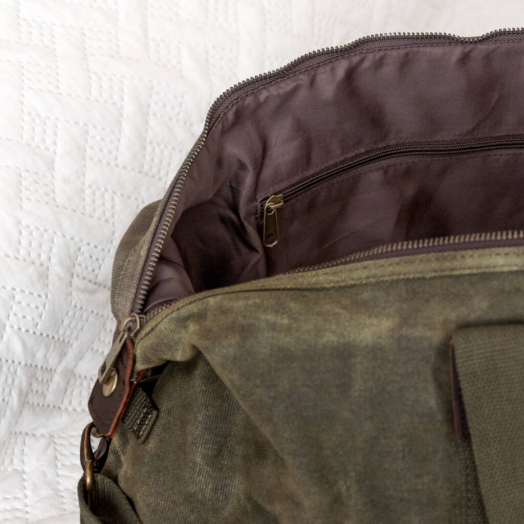 Monogrammed Luxury Waxed Canvas Holdall - close-up detail