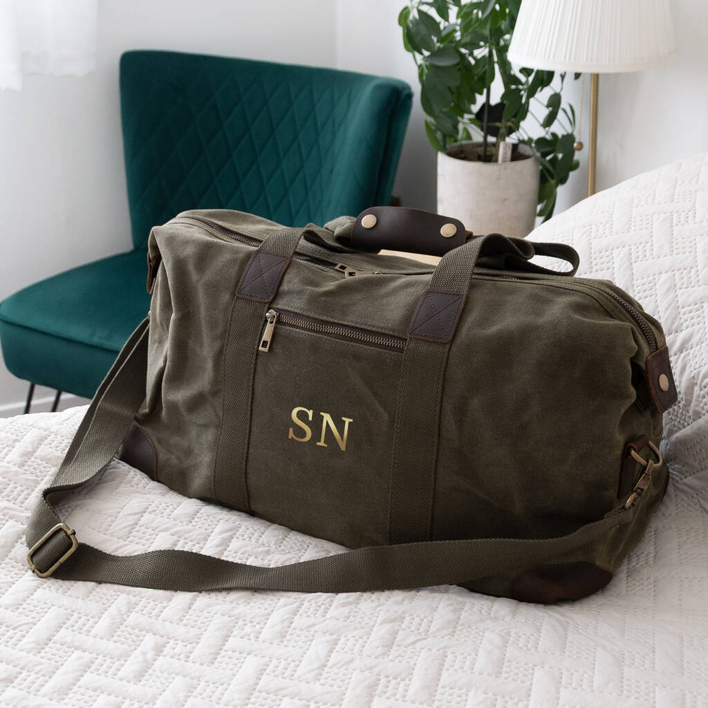 Monogrammed Luxury Waxed Canvas Holdall - product in use
