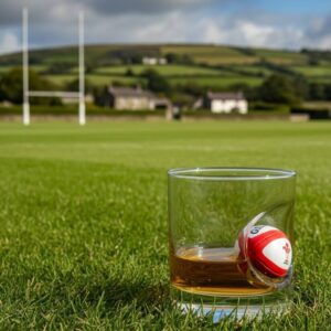 A clear glass tumbler containing amber whisky, featuring a unique embedded small white and red rugby ball with the Welsh flag. The glass is resting in the grass of an outdoor rugby pitch with goalposts visible in the background against a sunny, hilly landscape. The image highlights the glass's novelty design and its strong connection to Welsh rugby. Ideal personalised gift for Welsh rugby fans, Father's Day, or birthdays.