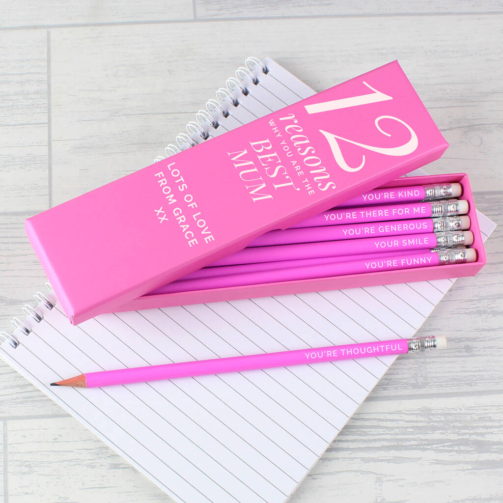 Personalised 12 Reasons Pink Gift Boxed Pencils - close-up detail