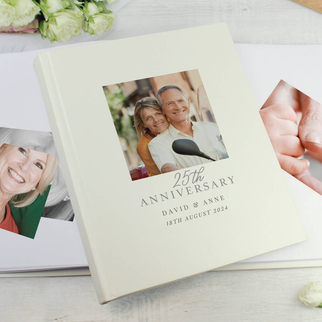 ersonalised 25th Anniversary Picture Album with custom photo on the cover, showing fixed text '25th ANNIVERSARY' and personalised names and date.