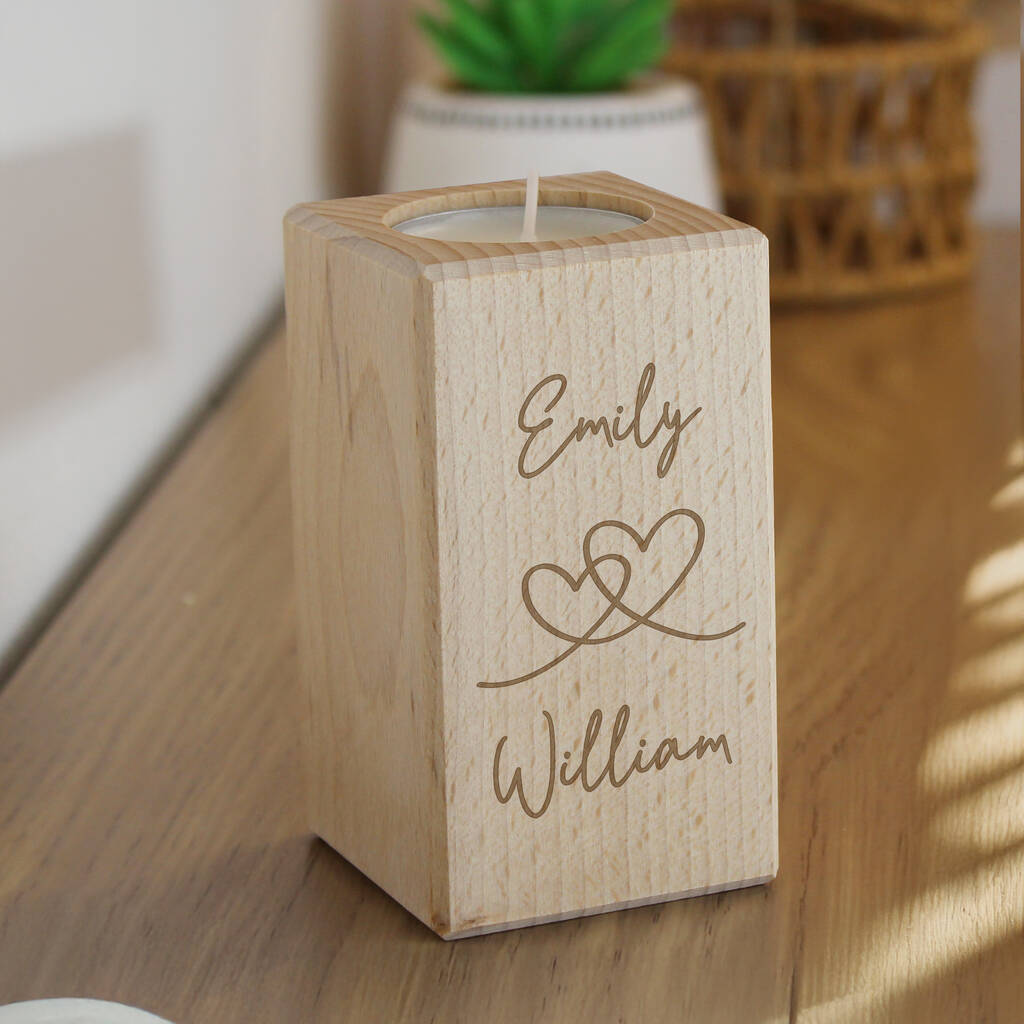 Personalised Engraved Hearts Anniversary Tea Light Holder - alternative angle