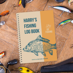 Personalised Fishing Log Book with custom name on the cover and an illustration of a carp, surrounded by fishing lures and tackle.