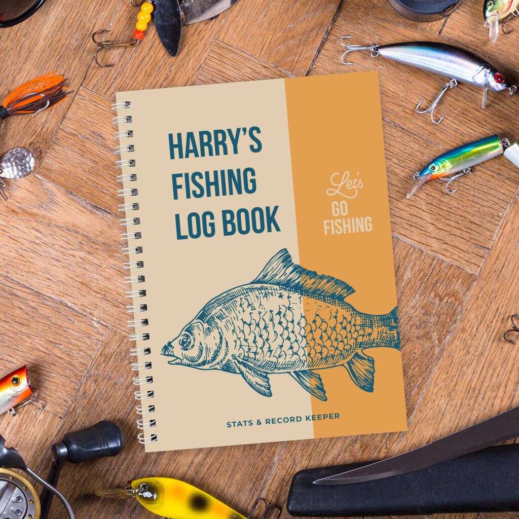 Personalised Fishing Log Book with custom name on the cover and an illustration of a carp, surrounded by fishing lures and tackle.