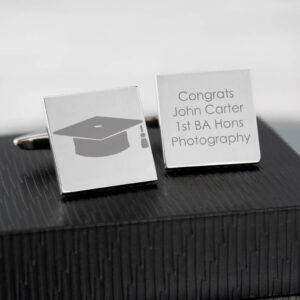 Personalised Square Graduation Cufflinks engraved with a graduation cap symbol on one cufflink and the text "Congrats John Carter 1st BA Hons Photography" on the other. Ideal university graduation gift.