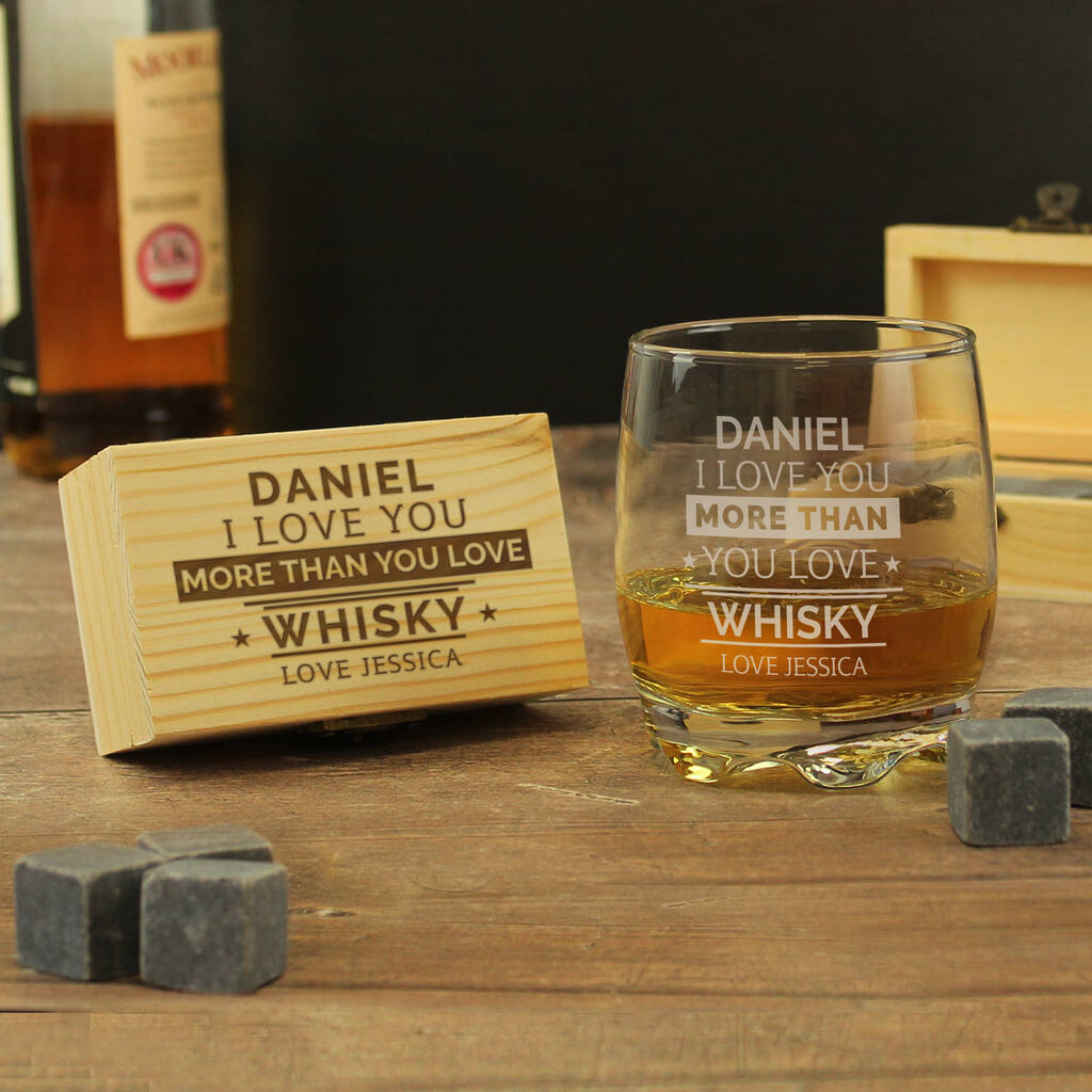Personalised 'I Love You More Than Whisky' Glass And Stones - lifestyle shot