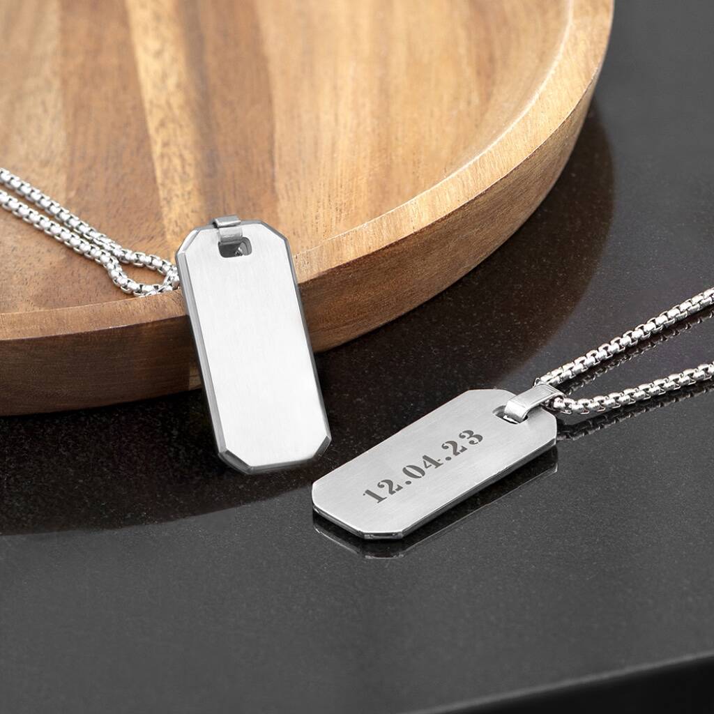 Personalised Men's Brushed Steel Dog Tag Necklace - detail view