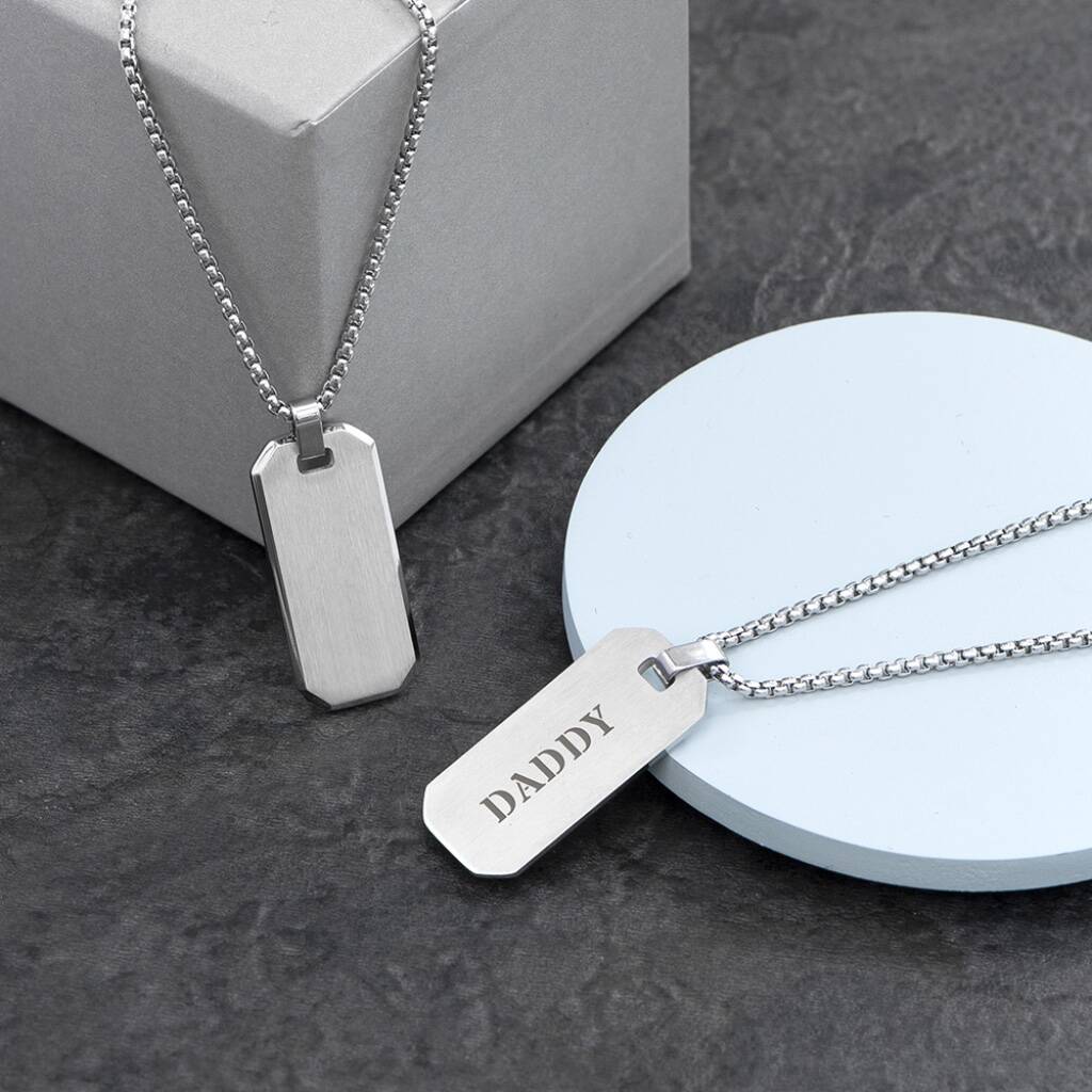 Personalised Men's Brushed Steel Dog Tag Necklace - close-up detail