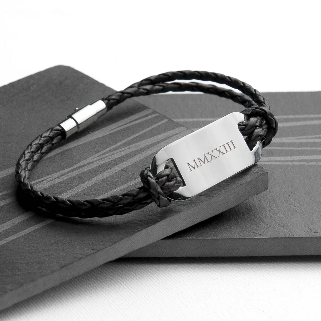 Personalised Men's Roman Numerals Leather Bracelet - main product image