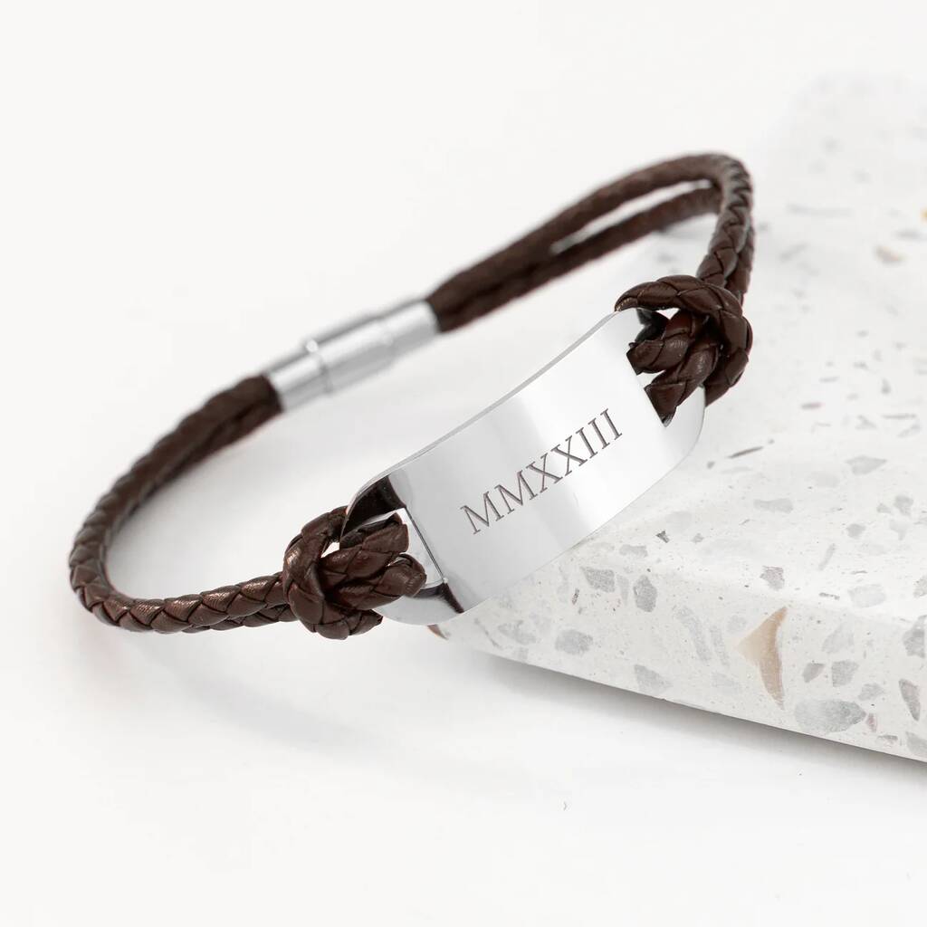Personalised Men's Roman Numerals Leather Bracelet - detail view