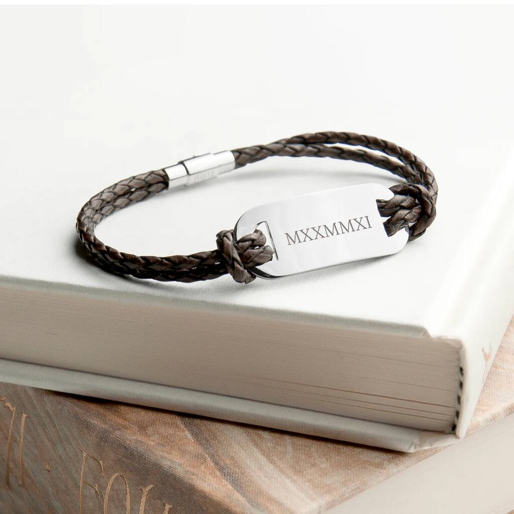 Personalised Men's Roman Numerals Leather Bracelet - close-up detail