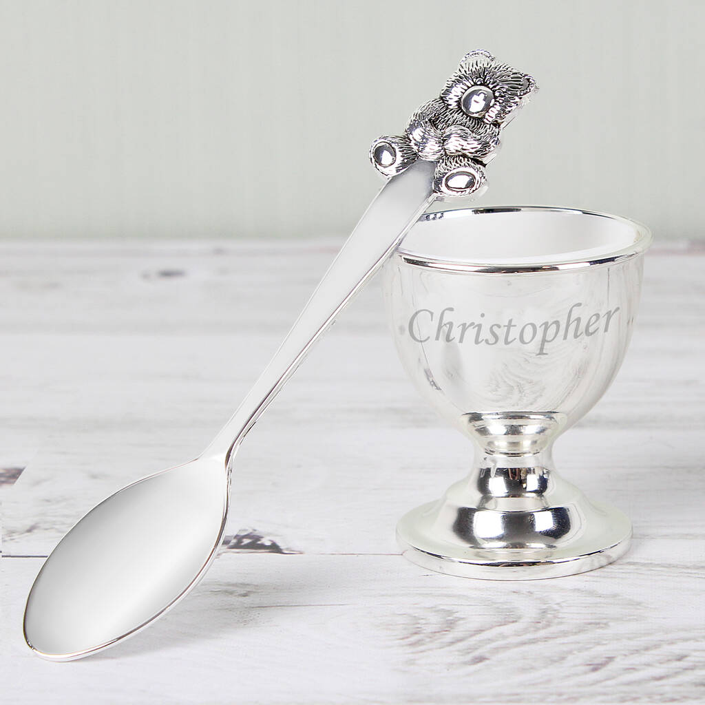 Personalised Silver Egg Cup And Spoon - detail view