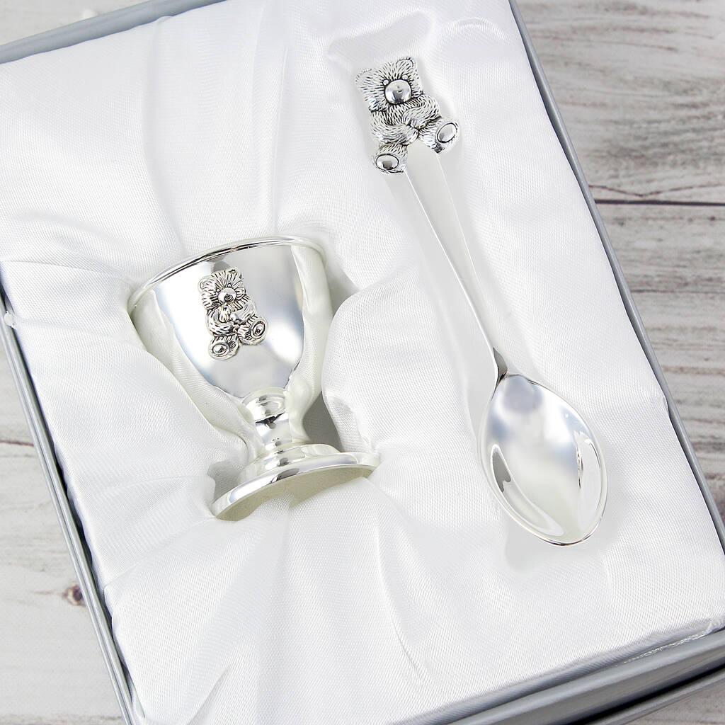 Personalised Silver Egg Cup And Spoon - close-up detail