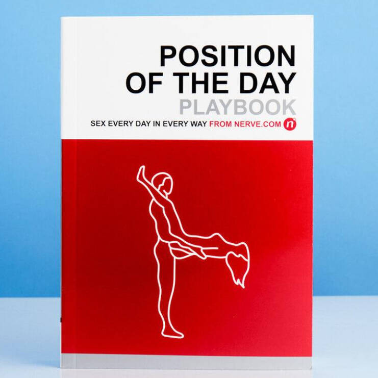 The book cover for "Position Of The Day: The Playbook," featuring a bold red and white design with a minimalist line art illustration of a suggestive couple's pose. Novelty adult gift and relationship playbook.