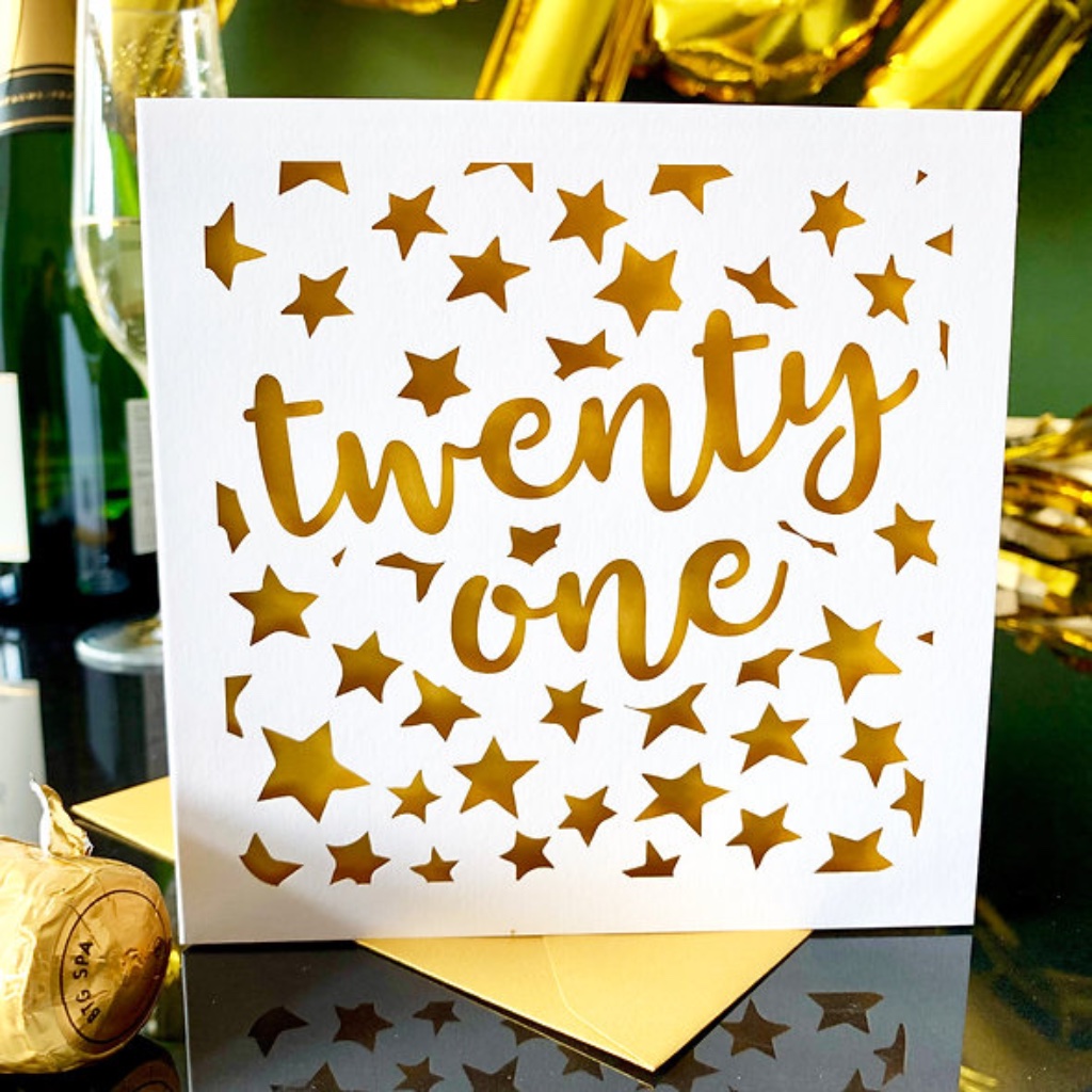 21st Stars Birthday Card - detail view