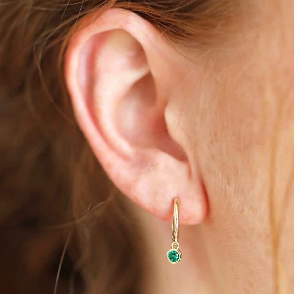 Birthstone Charm Huggie Hoop Earrings - detail view
