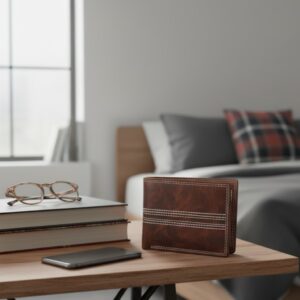 A genuine Buffalo leather bi-fold wallet in dark brown, featuring distinctive white stitching that resembles the seam of a cricket ball, placed on a wooden bedside table, highlighting its robust texture and classic style.