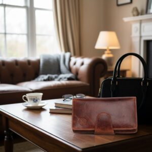 High-quality brown buffalo leather darts wallet with a magnetic fastening, displayed in a cosy living room setting.