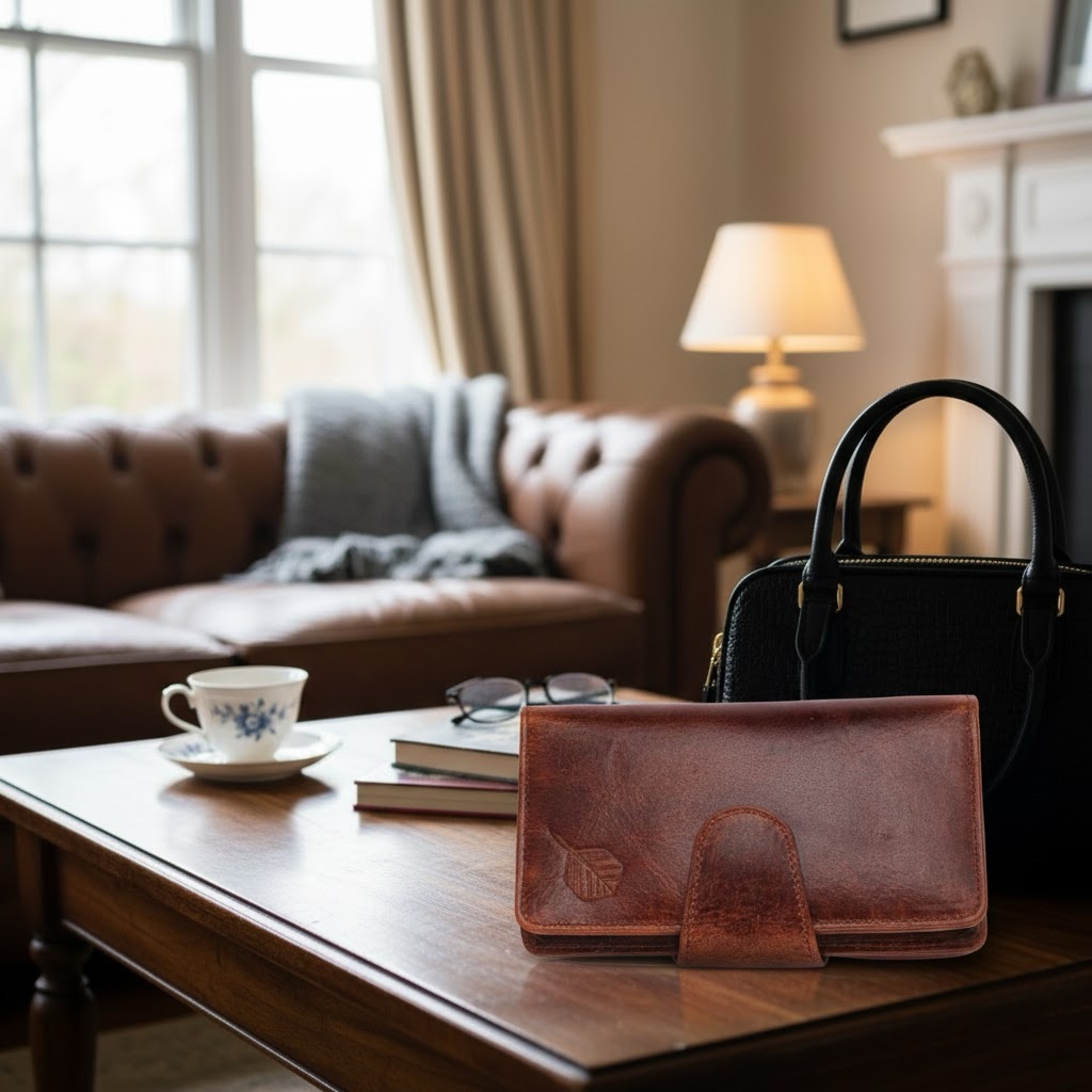 High-quality brown buffalo leather darts wallet with a magnetic fastening, displayed in a cosy living room setting.