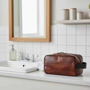 Buffalo leather wash bag with rugby ball stitching detail, sitting on a bathroom counter next to a sink.