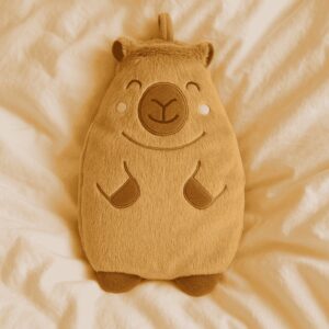 A smiling, plush brown capybara hot water bottle lying on a light duvet, featuring a soft, fluffy texture and small ears, perfect for cuddling and keeping warm in bed.
