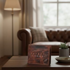 Distressed brown leather bi-fold wallet featuring stitched details resembling a rugby ball, displayed in a living room.