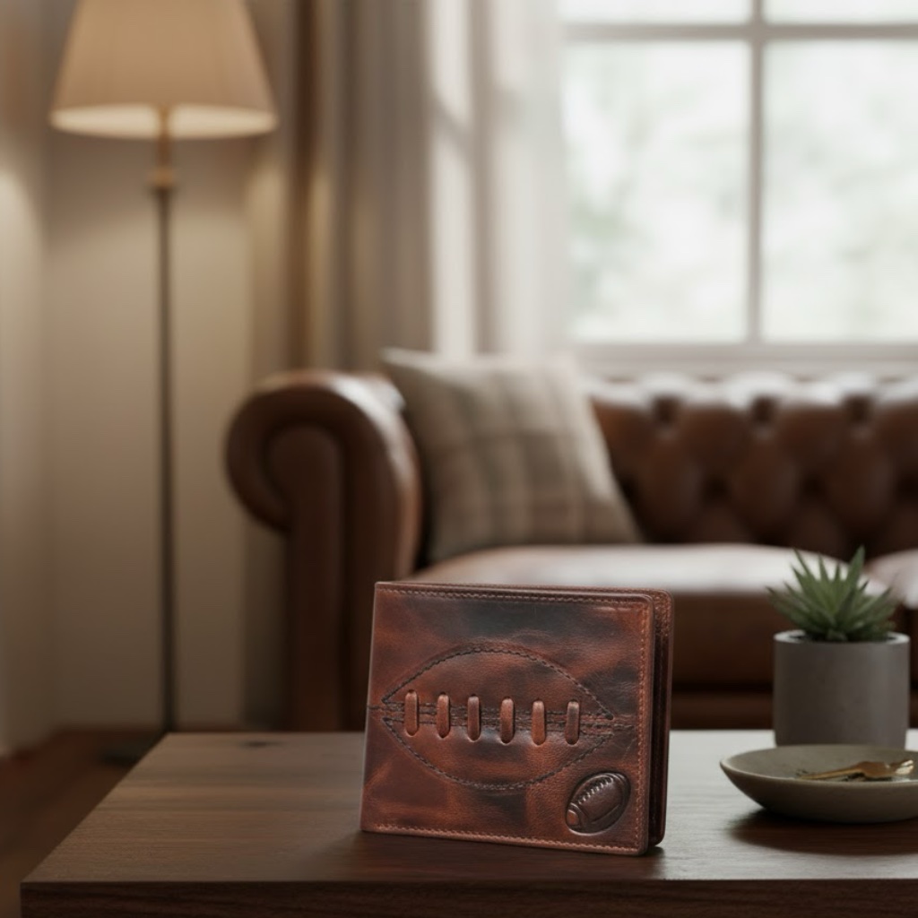 Distressed brown leather bi-fold wallet featuring stitched details resembling a rugby ball, displayed in a living room.