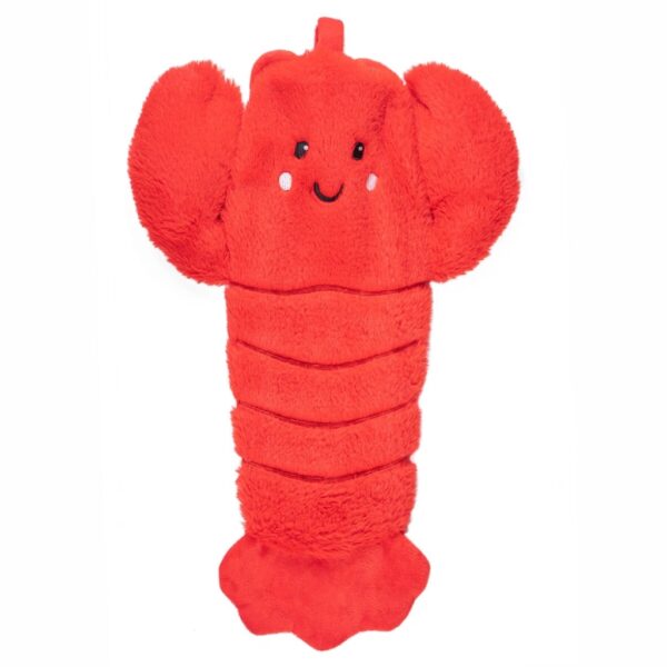 Fluffy red lobster hot water bottle cover with a smiling embroidered face