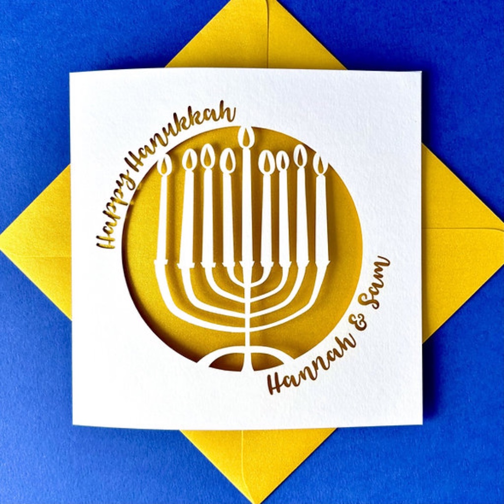 Menorah Papercut Personalised Hanukkah Card - detail view
