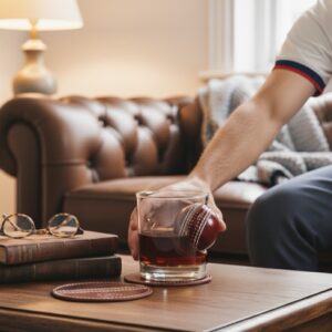 A man sitting on a brown leather sofa reaching for a personalised whisky tumbler that contains amber liquid and a red cricket ball embedded in the side. The glass is resting on a wooden coffee table next to a stack of books. Ideal unique gift for a cricket fan and whisky drinker.