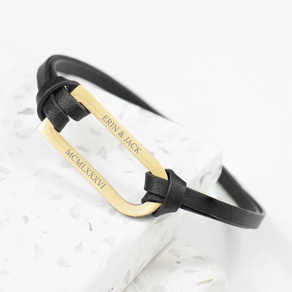 Personalised Men's Black Leather Bar Bracelet - detail view