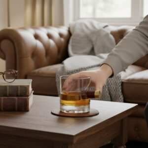A personalised, heavy-bottomed whisky tumbler half-filled with amber scotch, featuring a realistic shotgun cartridge casing embedded into the side of the glass. The glass is resting on a leather coaster on a wooden coffee table in a cozy, masculine room with a leather sofa. Ideal gift for hunters, shooting enthusiasts, or military veterans.