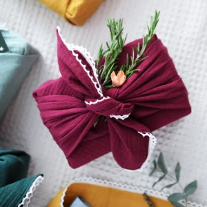 Reusable Forest Green Lace Trimmed Fabric Gift Wrap - packaging view