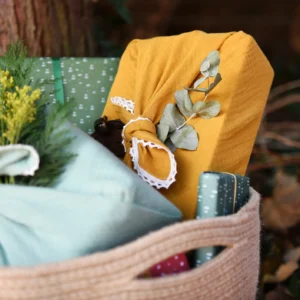 Reusable Forest Mustard Yellow Trimmed Fabric Gift Wrap - main product image