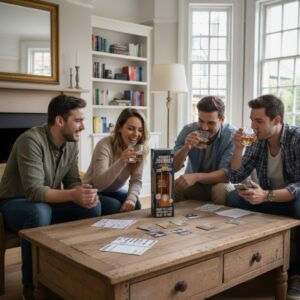 Four young adults are sitting around a rustic wooden coffee table in a bright, modern living room, laughing and drinking amber liquid from whisky tumblers. In the centre of the table sits the tall, rectangular box for the "Whisky Journey" escape room game, surrounded by various game cards and clues. The scene conveys a fun, social, and sophisticated adult game night experience. Ideal for whisky lovers, couples, or friends seeking an immersive home escape room game.