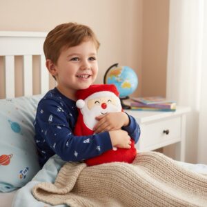 A smiling young boy in blue pyjamas sitting up in bed, happily cuddling a fluffy red and white Santa Claus hot water bottle cover, with a bedside table and a globe visible in the background.