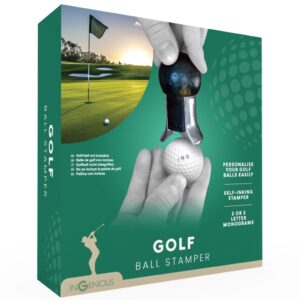 Retail packaging for a self-inking Golf Ball Monogram Stamper, showing the black stamper being used to apply a custom monogram (ING) onto a golf ball, with a golf course scene in the background.